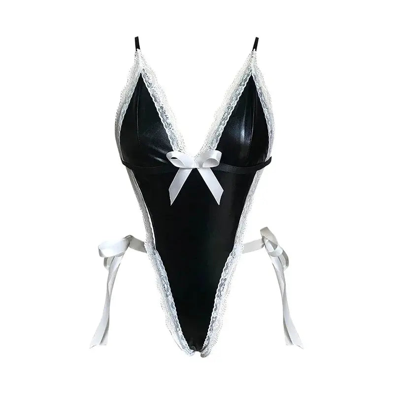 Latex Leather Deep V Teddy Bodysuit-KN246