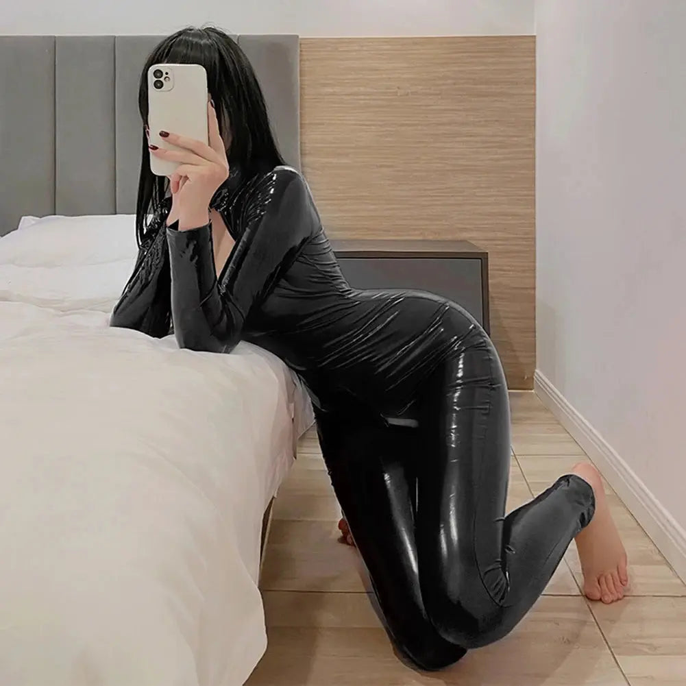 Shiny Zip-Up Latex Bodysuit-KN248