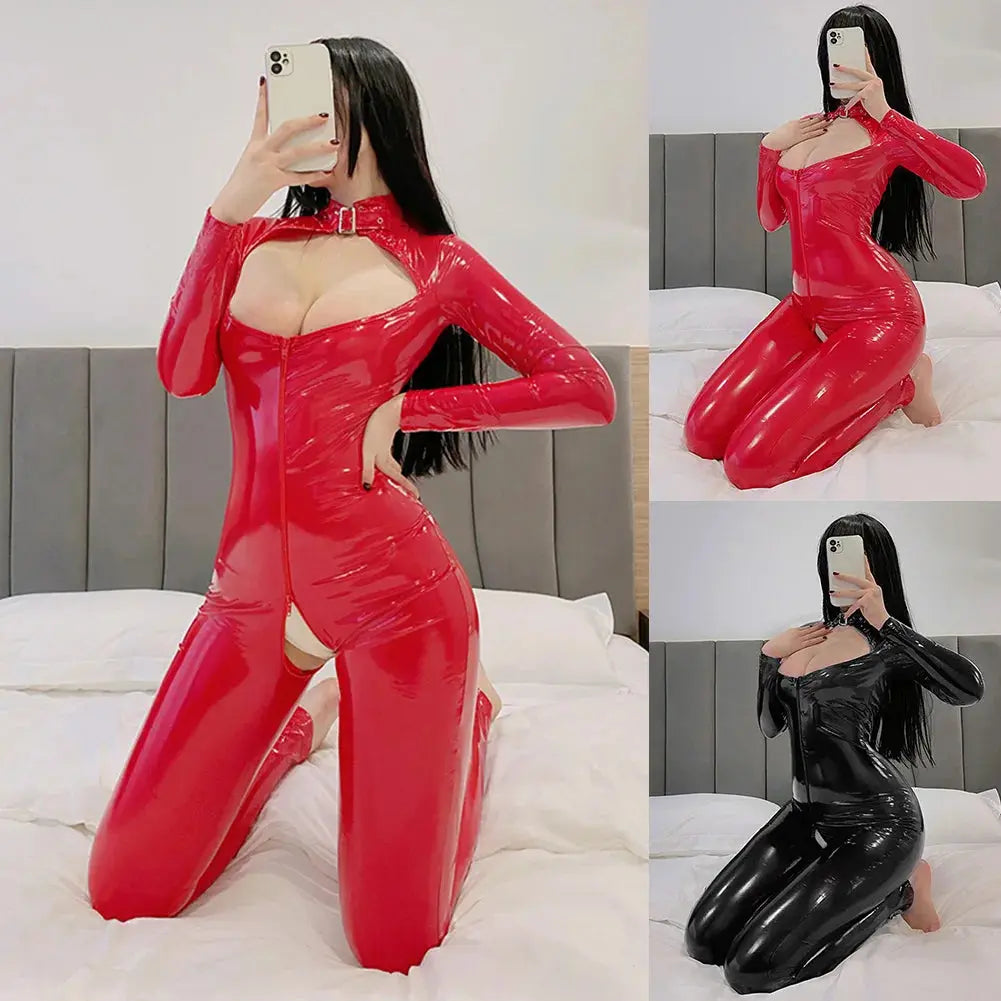 Shiny Zip-Up Latex Bodysuit-KN248