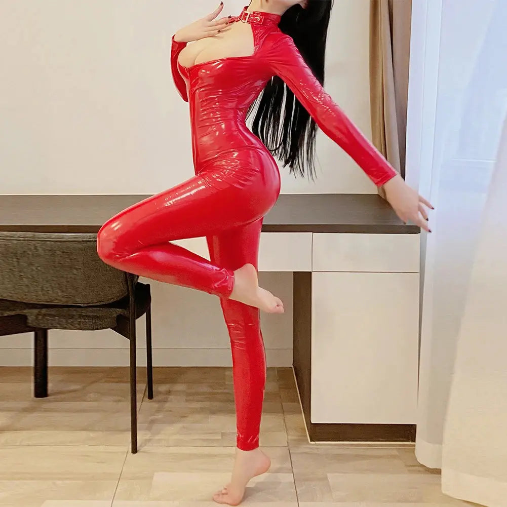 Shiny Zip-Up Latex Bodysuit-KN248