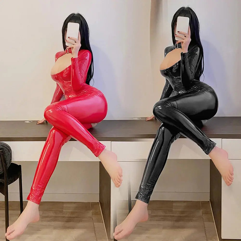 Shiny Zip-Up Latex Bodysuit-KN248