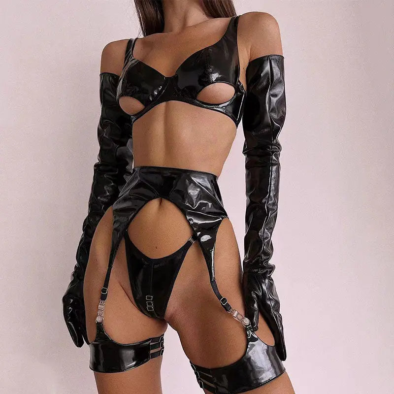 Latex Leather Lingerie Set Black Pu-KN251