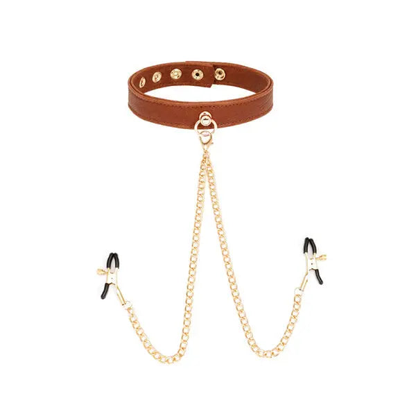 Kana™Brown Leather Collar & Nipple Clamps-KN206